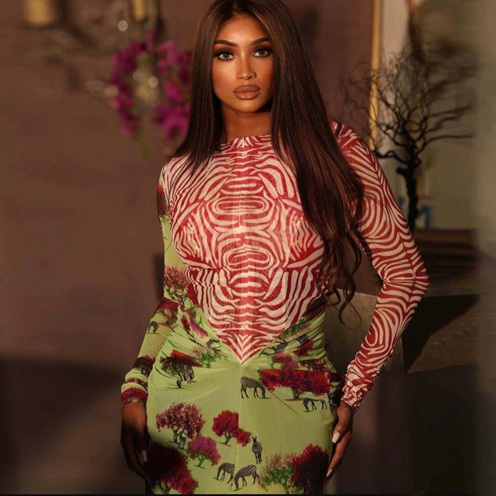 ZARA Fashion Printed Patchwork Long Sleeve Crew Neck Bodycon Cinched Dress